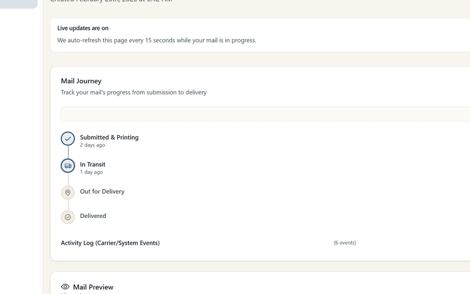 Postmarkr mail detail view showing USPS scan updates when available