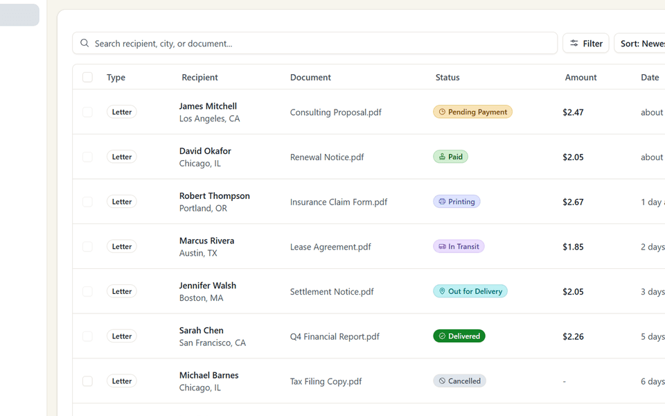 Postmarkr Outbox showing searchable mail history, delivery statuses, and prices