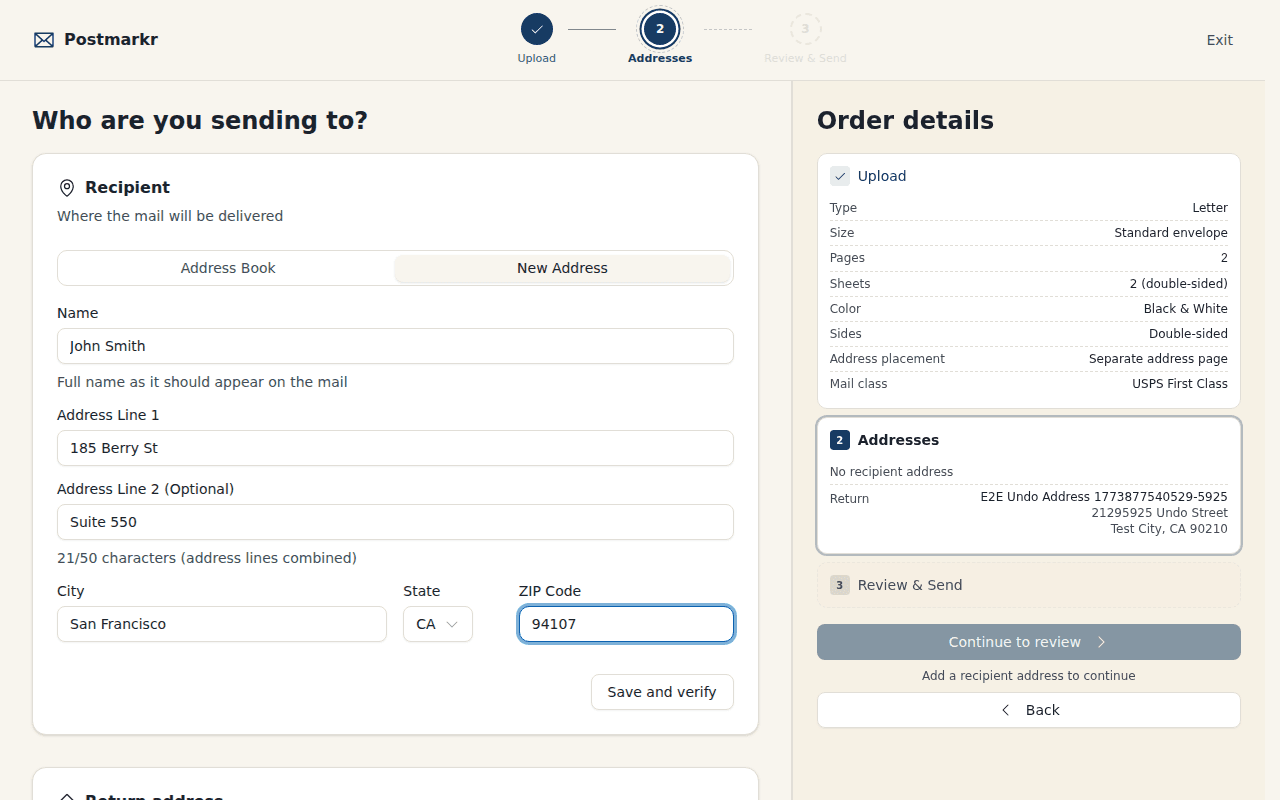 Address — Add recipients and verify addresses