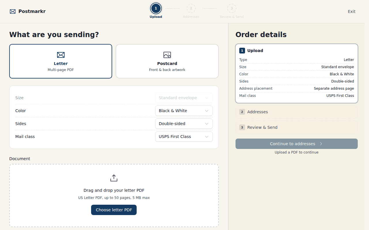 Create — Upload a PDF, start from a template, or import a CSV