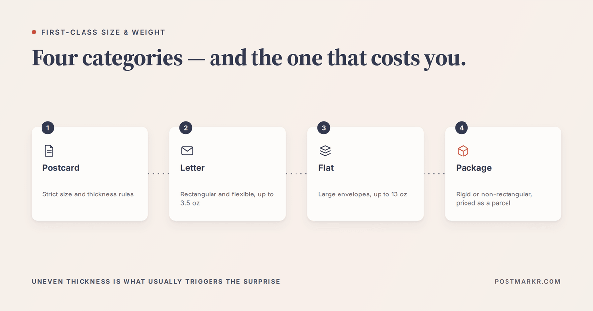 Four USPS First-Class categories in ascending size: postcard, letter up to 3.5 ounces, flat up to 13 ounces, and package pricing for rigid or non-rectangular pieces.