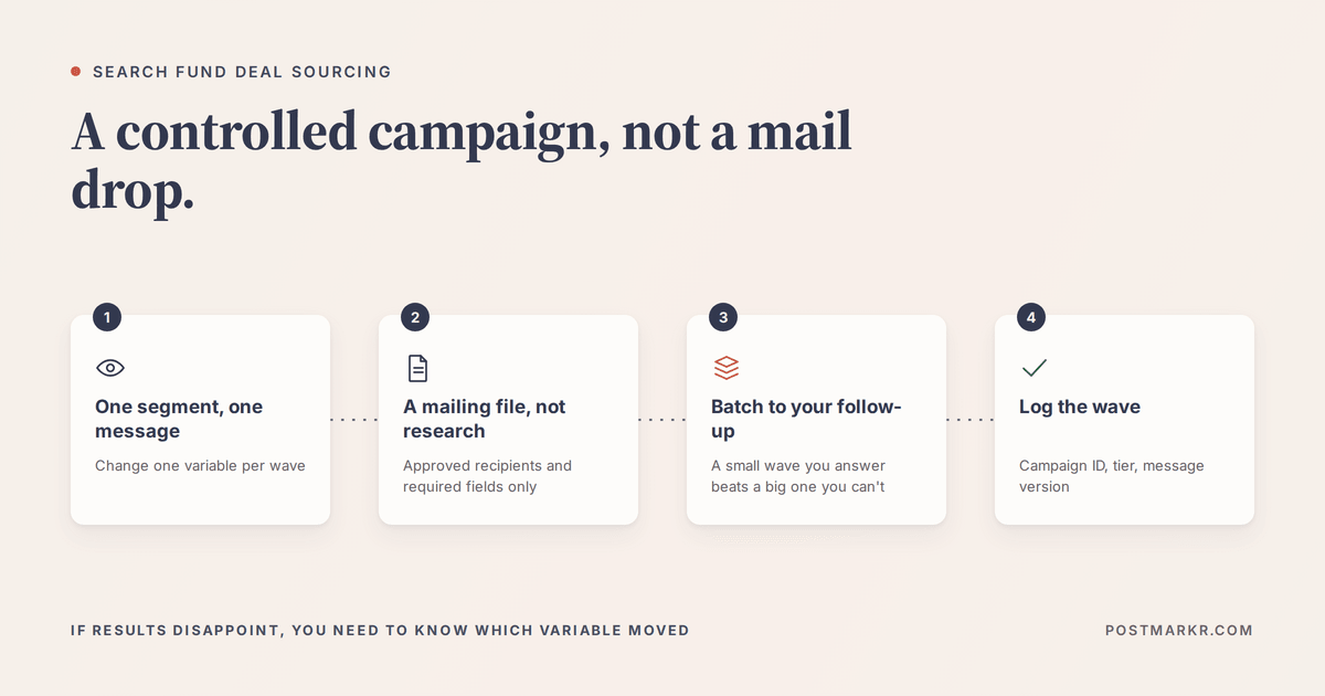 Four-step diagram for running a search fund direct mail campaign: test one segment with one message, build a mailing file of approved recipients, size the batch to follow-up capacity, and log the wave in the CRM.