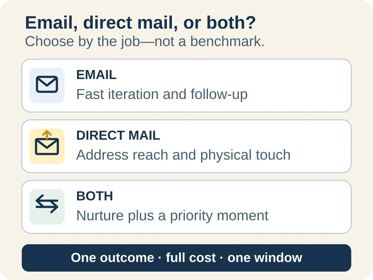 Decision guide showing when to use email, direct mail, or both channels together.