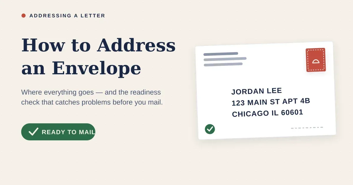 Editorial illustration of a correctly addressed envelope: return address top left, stamp top right, complete recipient address in the lower center, with a ready check mark.