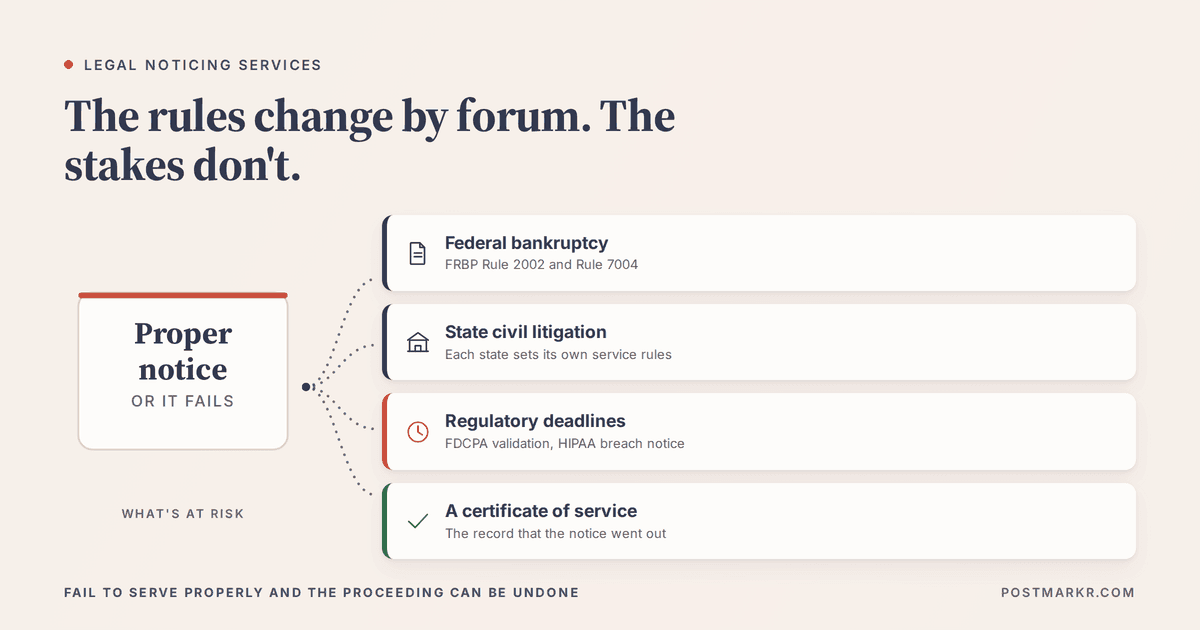 Diagram of the rule regimes governing legal noticing: federal bankruptcy rules, state civil litigation rules, regulatory deadlines such as FDCPA and HIPAA, and the certificate of service that records delivery.